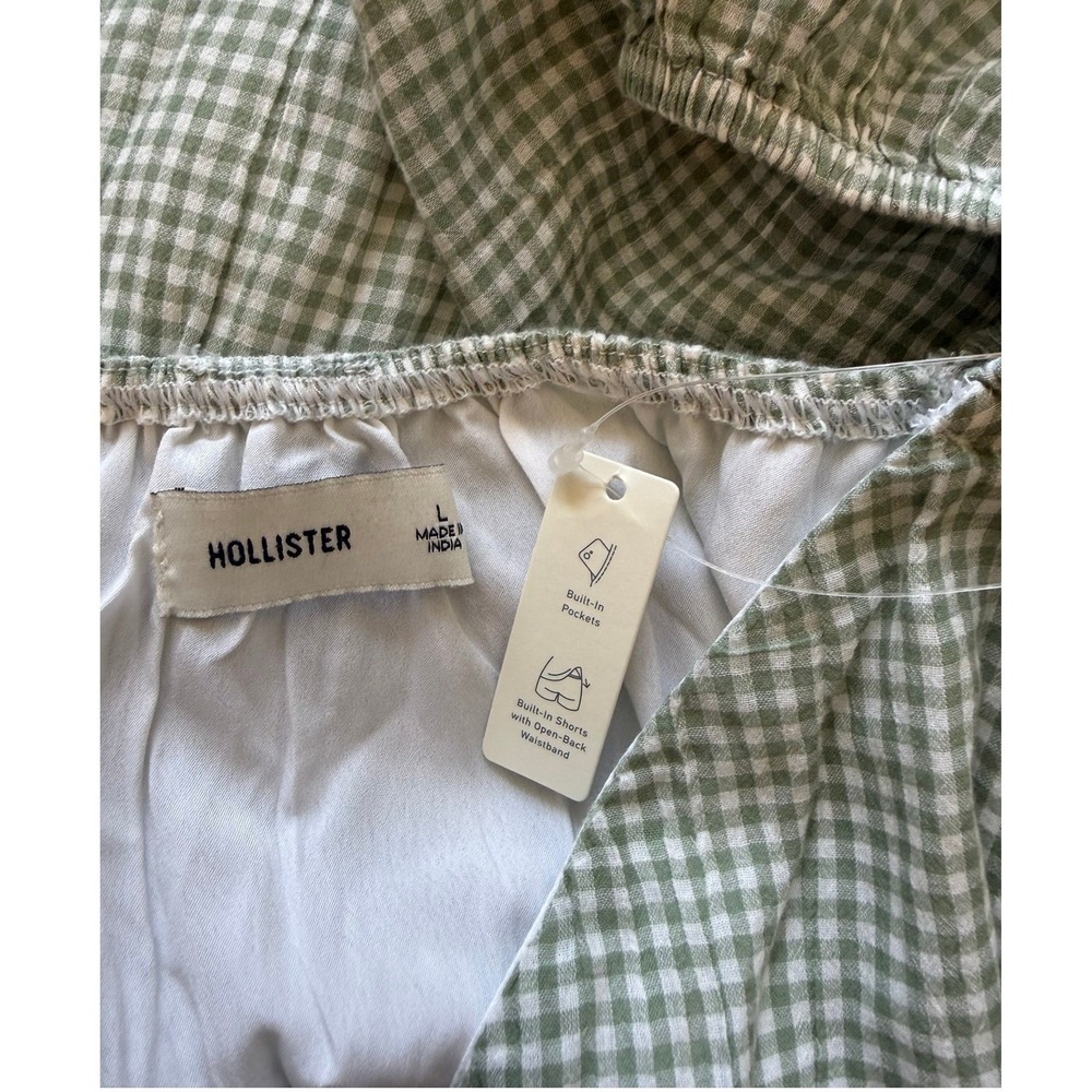 Hollister Sage Green Gingham Ruffle Mini Dress Built-in Shorts L - Picture 3 of 7